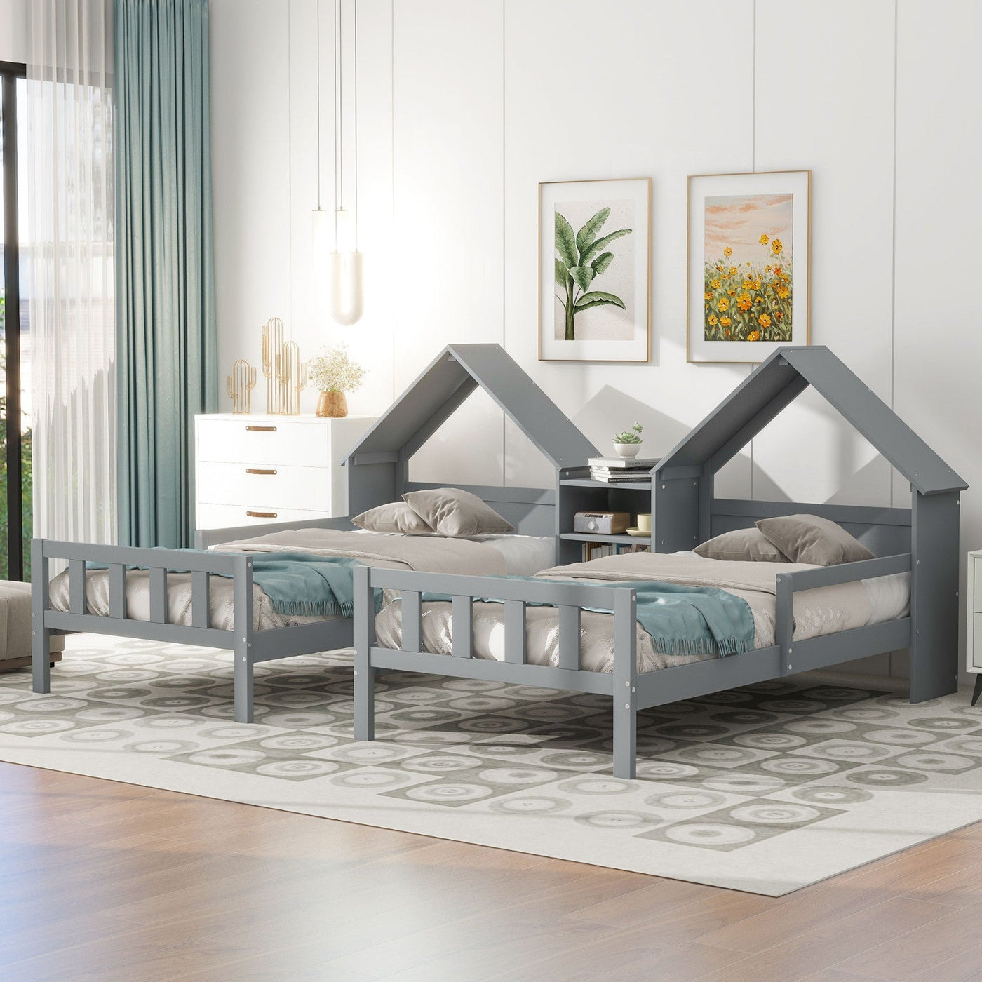 Double Twin Platform Bed With House Headboard And Nightstand