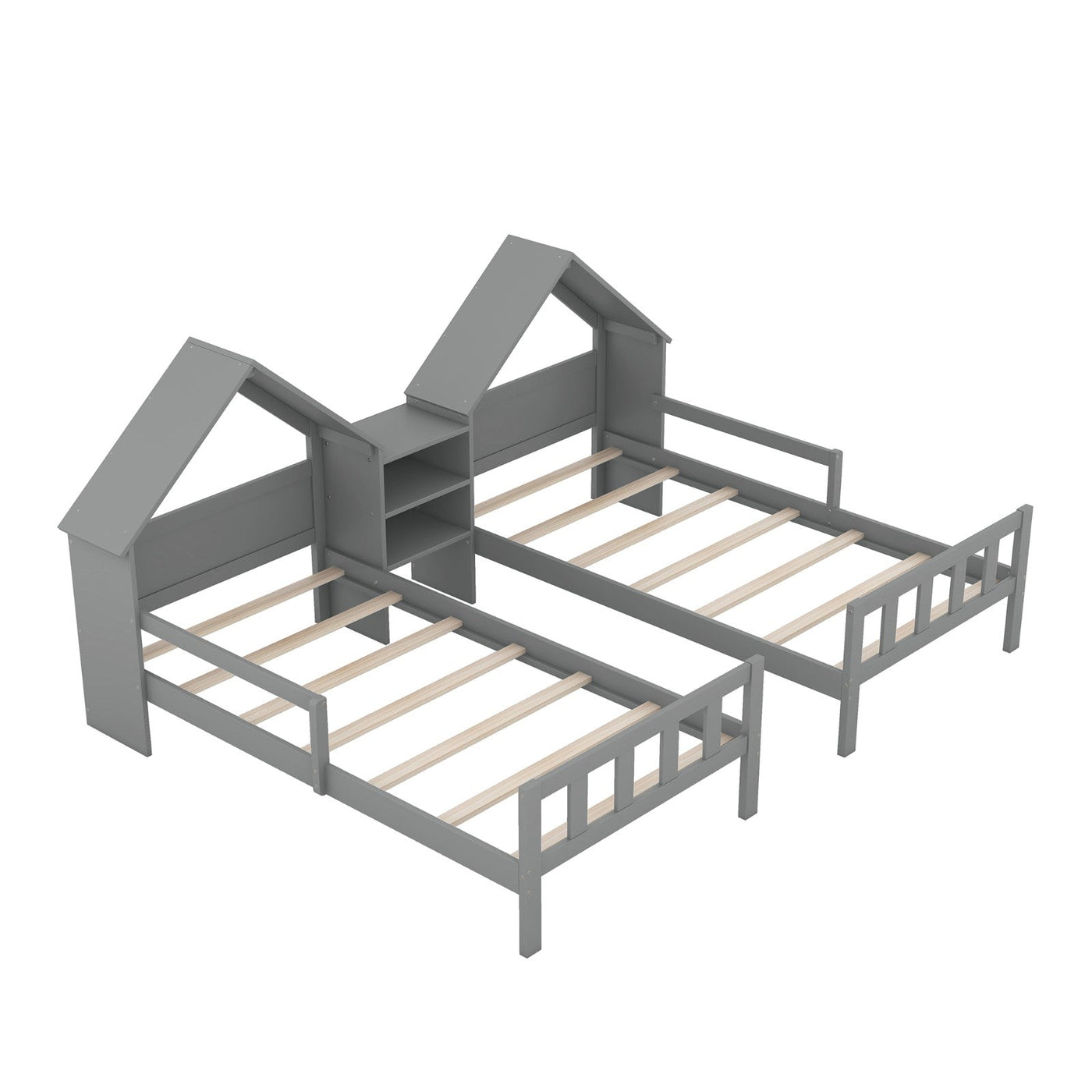 Double Twin Platform Bed With House Headboard And Nightstand