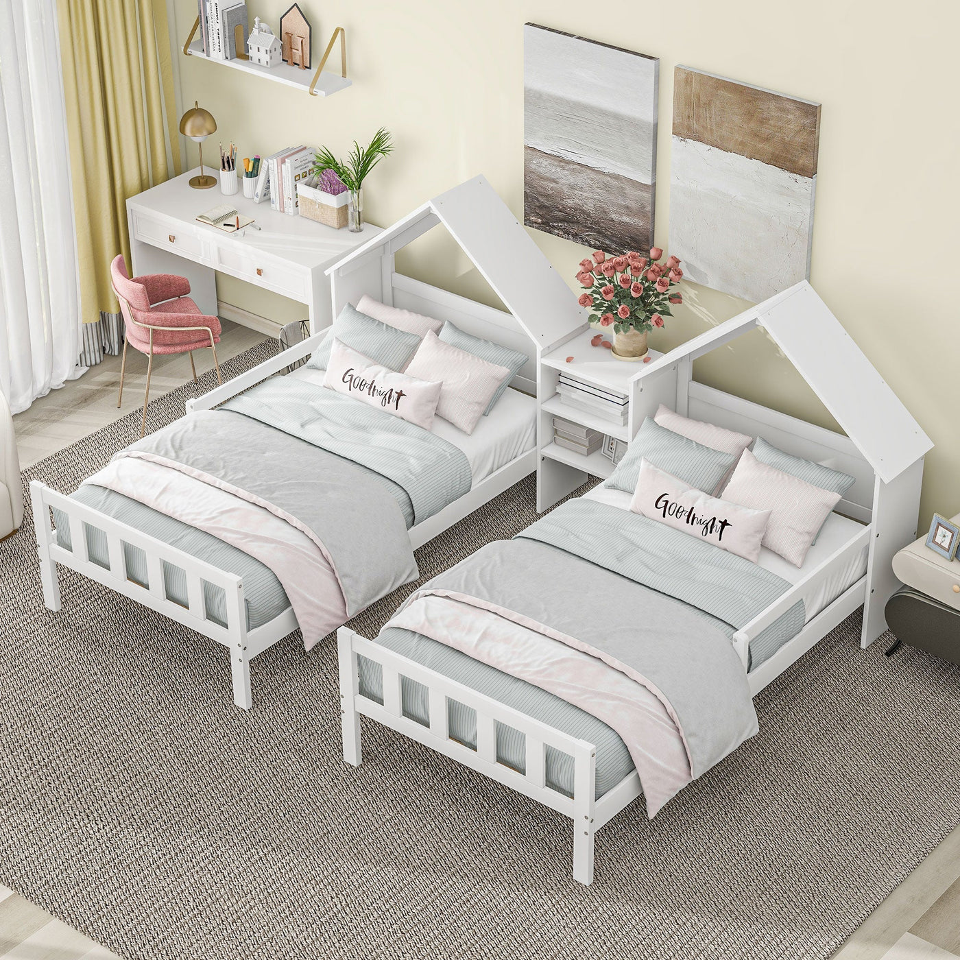 Double Twin Platform Bed With House Headboard And Nightstand