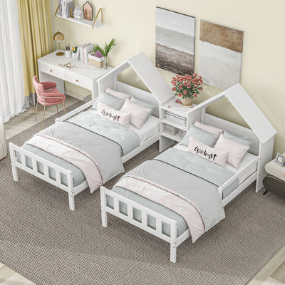 Double Twin Platform Bed With House Headboard And Nightstand