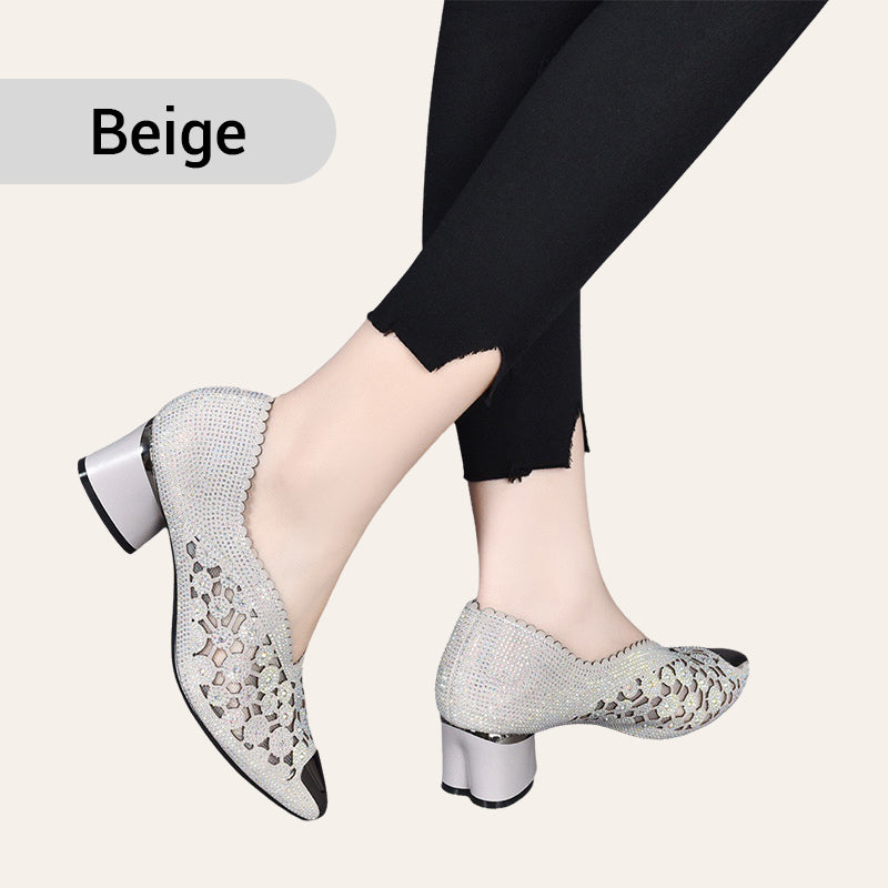 Hollow Mesh Sandals With Rhinestone And Chunky Heel For Women