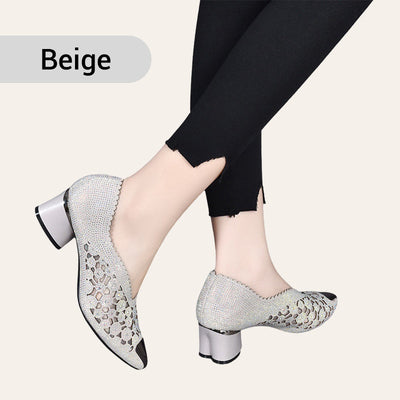 Hollow Mesh Sandals With Rhinestone And Chunky Heel For Women