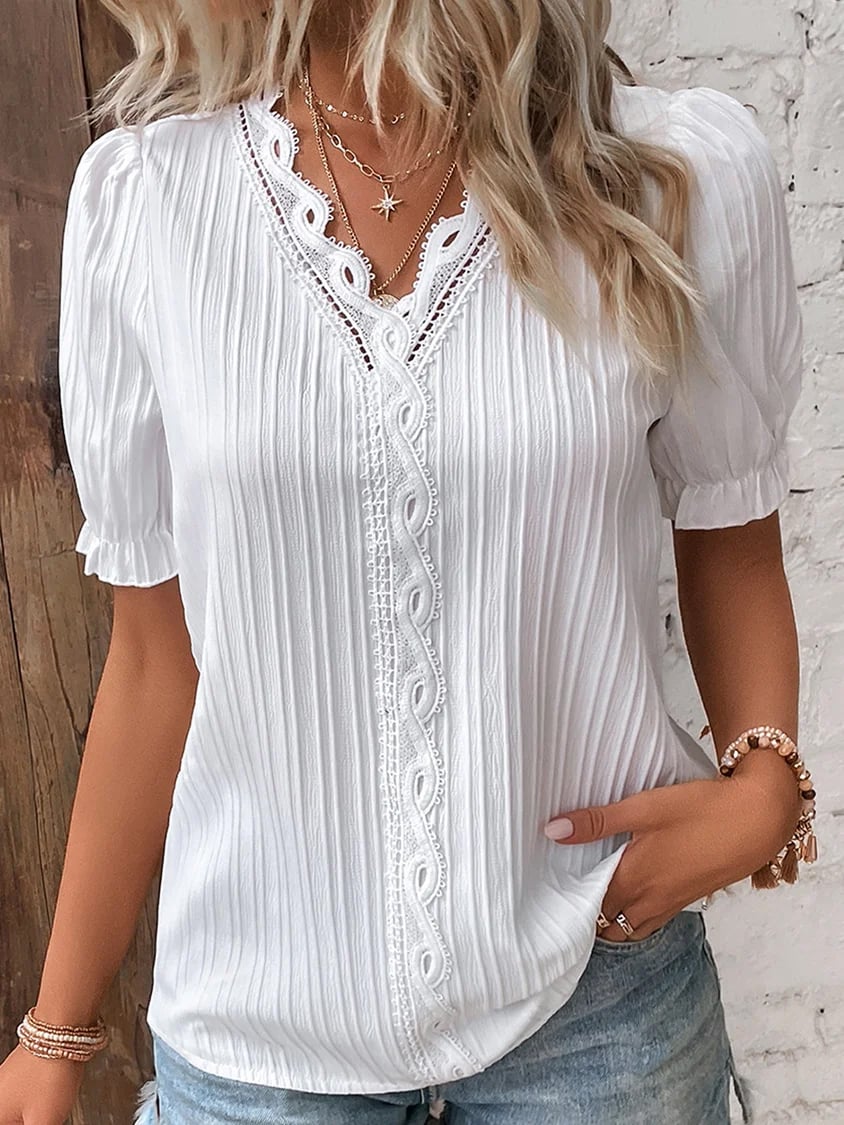 V Neck Lace Shirt Elegant Plain Stylish Women's Top