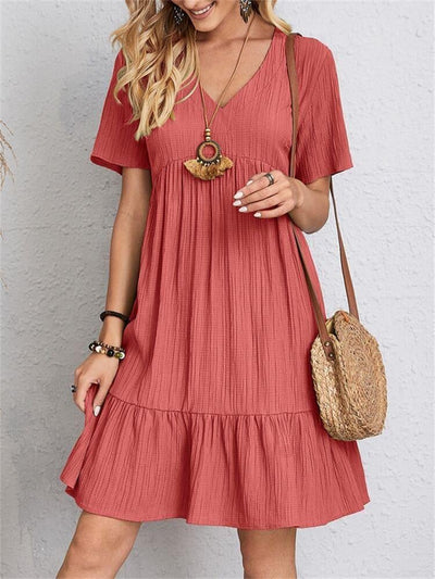 Retro Casual Dress V Neck Loose Fit Comfortable Summer Wear