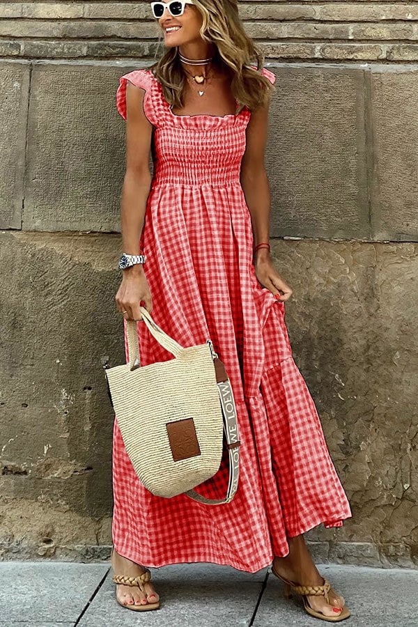 Singing Solo Maxi Dress Multi Plaid Smocked Bust Elegant Design