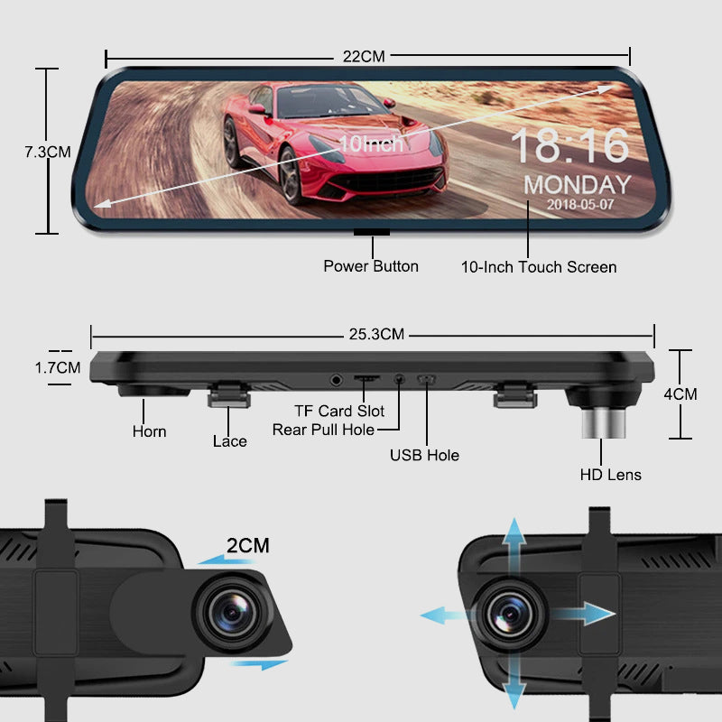 10 Inch HD Touch Screen Car Recorder With Multi-function Display