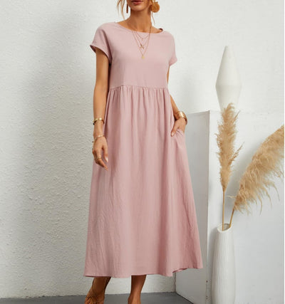 Cotton Linen Sleeveless Dress Loose Fit Solid Color With Pocket