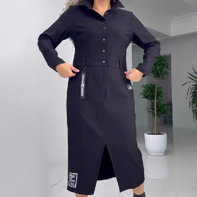 Women's Long Sleeve Button Down Dress With Side Slit