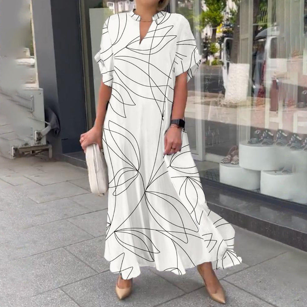 V-neck Shirt Dress Stripe Print Casual Elegant Summer Wear