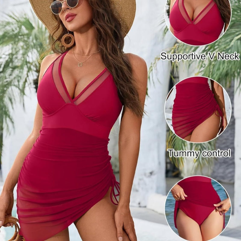 Slimming One-Piece Swimsuit Tummy Control Mesh Sheer Sarong Wrap