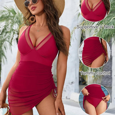 Slimming One-Piece Swimsuit Tummy Control Mesh Sheer Sarong Wrap