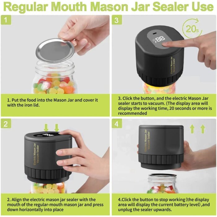 Electric Mason Jar Vacuum Sealer Cordless Kit For Wide And Regular Mouth Jars