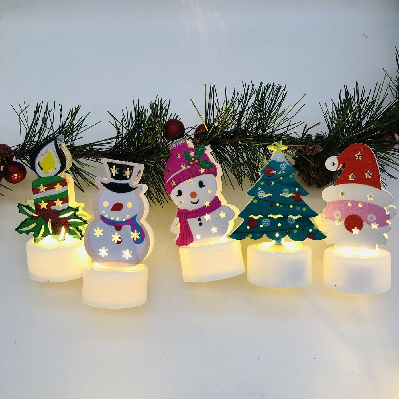 LED Christmas Candle Lamps With Santa Snowman Tree Night Lights