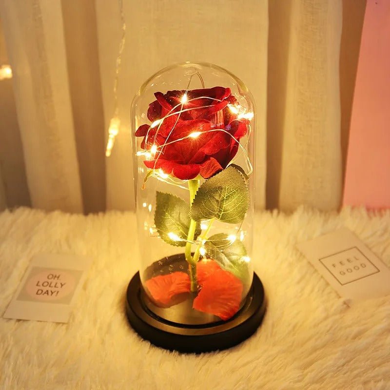 Eternal Rose Lamp Red LED Flower Light In Glass Dome Gift