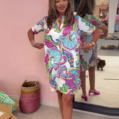 Women Colorful Printed V Neck Dress Stylish Summer Casual Wear