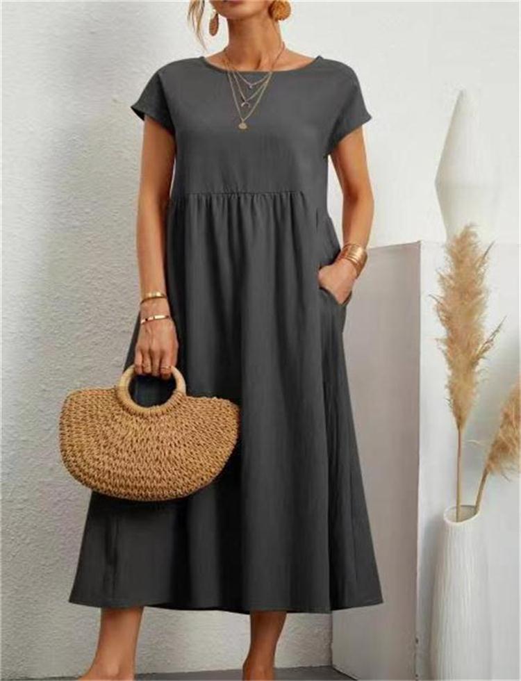 Cotton Linen Sleeveless Dress Loose Fit Solid Color With Pocket