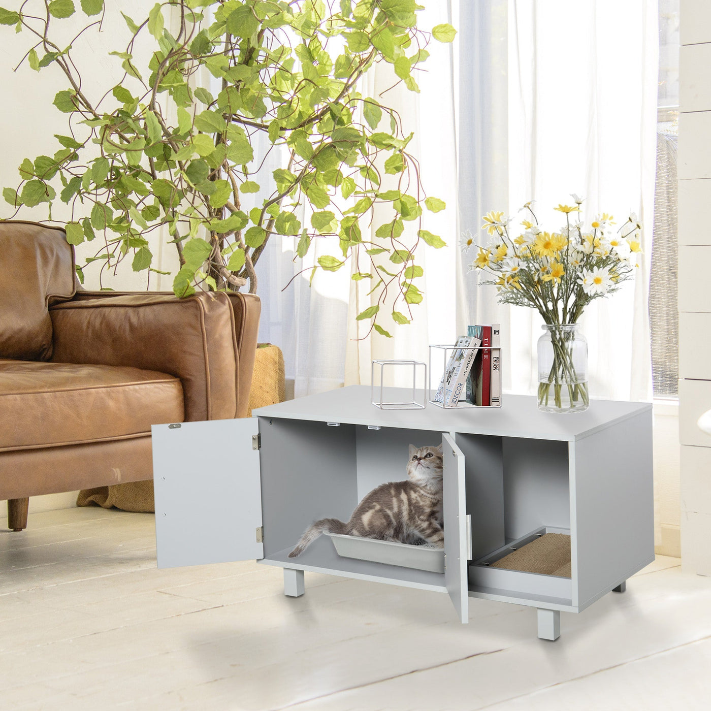 Wooden Cat Litter Box Enclosure With Stylish Washroom Design