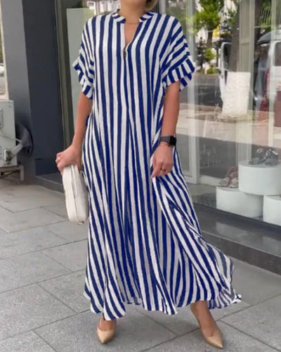 V-neck Shirt Dress Stripe Print Casual Elegant Summer Wear