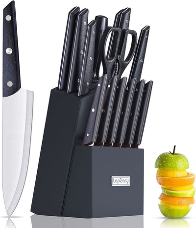 LapEasy 15 Piece Kitchen Knife Set With Pine Block Sharpener