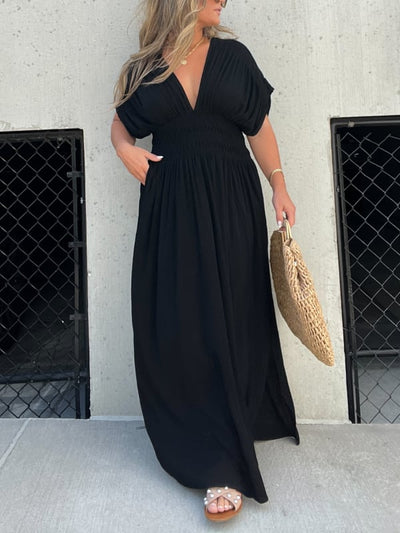 V-neck Slit Ultra Long Dress Elegant Casual Style Evening Gown