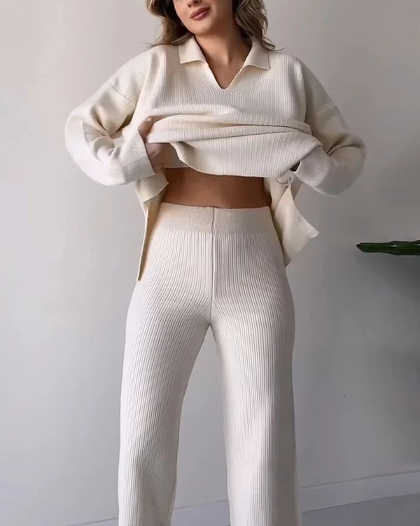 V Neck Casual Slit Knitted Two Piece Set For Women
