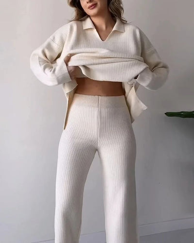 V Neck Casual Slit Knitted Two Piece Set For Women