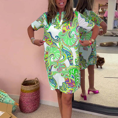 Women Colorful Printed V Neck Dress Stylish Summer Casual Wear