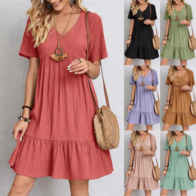 Retro Casual Dress V Neck Loose Fit Comfortable Summer Wear