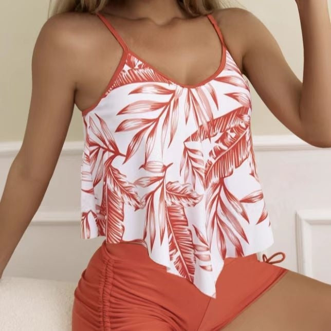 Ladies' Summer Two-Piece Set Plant Print Asymmetrical Camisole Shorts