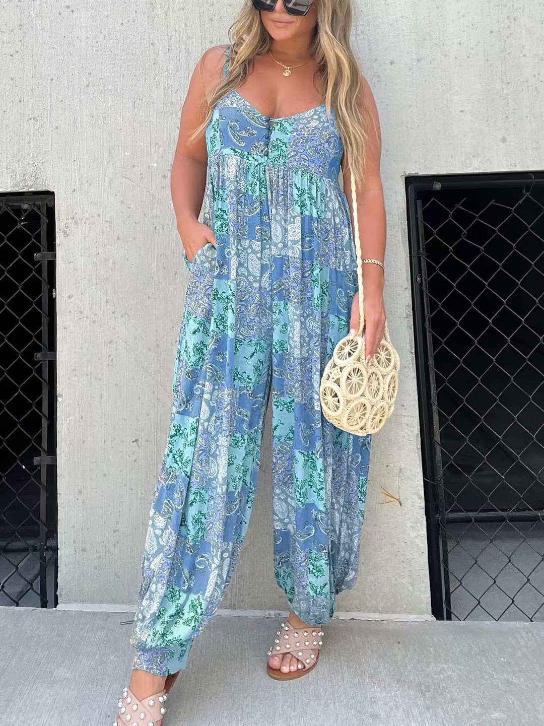 Cooper Patchwork Loose Fit Print Jumpsuit For Women