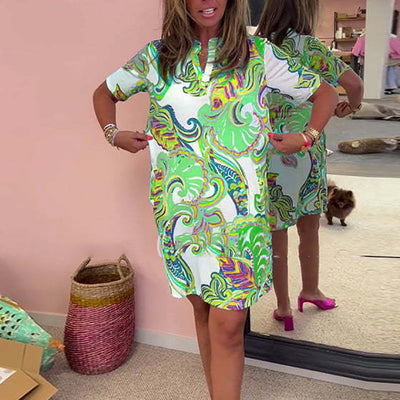 Women Colorful Printed V Neck Dress Stylish Summer Casual Wear