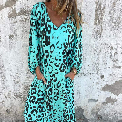 V-neck Printed Flowy Dress With Stylish Pockets For Women