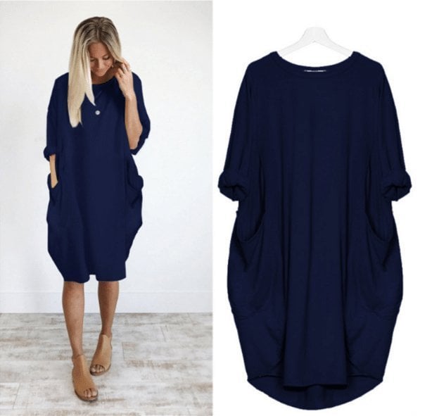 Long Sleeve Casual Loose Pocket Dress Comfortable Everyday Wear