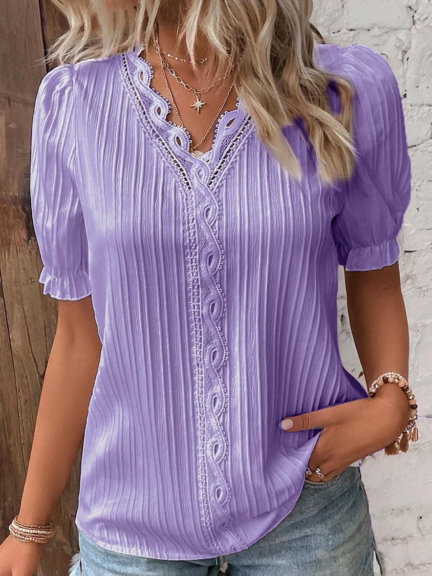 V Neck Lace Shirt Elegant Plain Stylish Women's Top
