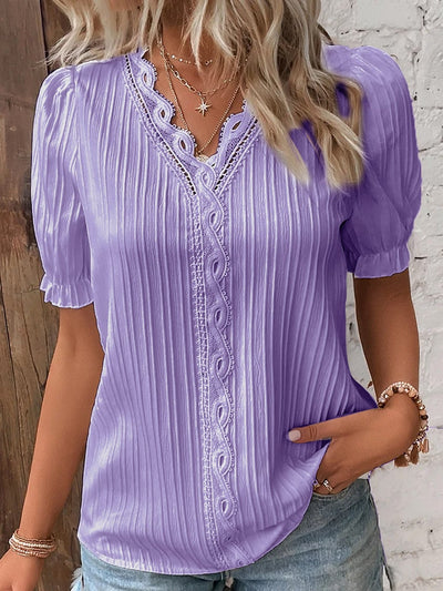 V Neck Lace Shirt Elegant Plain Stylish Women's Top