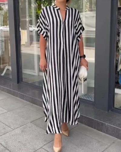 V-neck Shirt Dress Stripe Print Casual Elegant Summer Wear