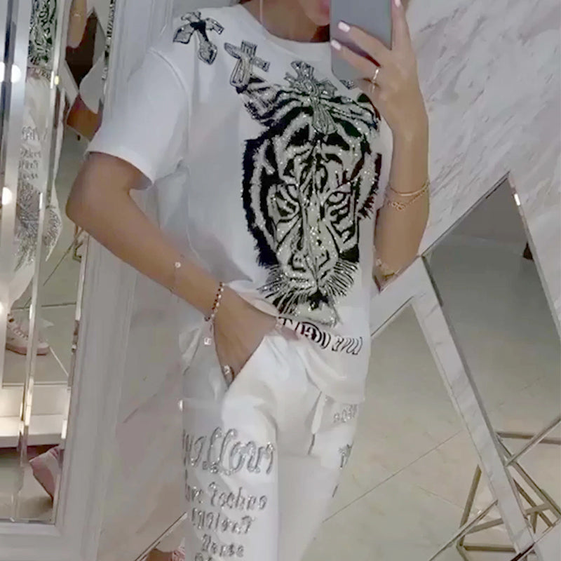 Casual Printed Top Drawstring Pants Set Comfortable 2-Piece Outfit