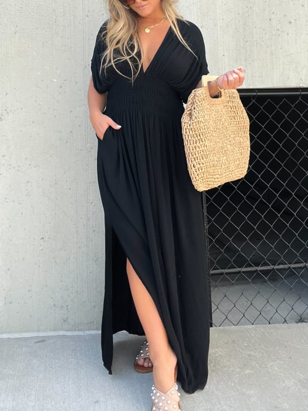 V-neck Slit Ultra Long Dress Elegant Casual Style Evening Gown