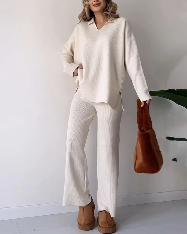 V Neck Casual Slit Knitted Two Piece Set For Women