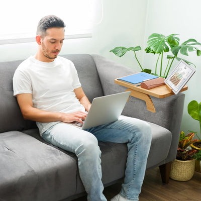 Foldable Bamboo Couch Arm Table Tray For Drinks Snacks And Remotes