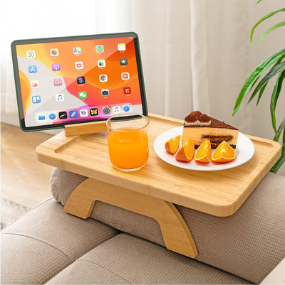 Foldable Bamboo Couch Arm Table Tray For Drinks Snacks And Remotes