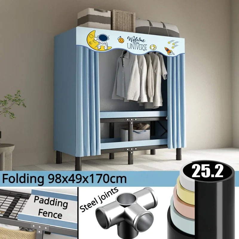 Foldable Wardrobe With Oxford Cloth Curtain And Steel Frame Storage