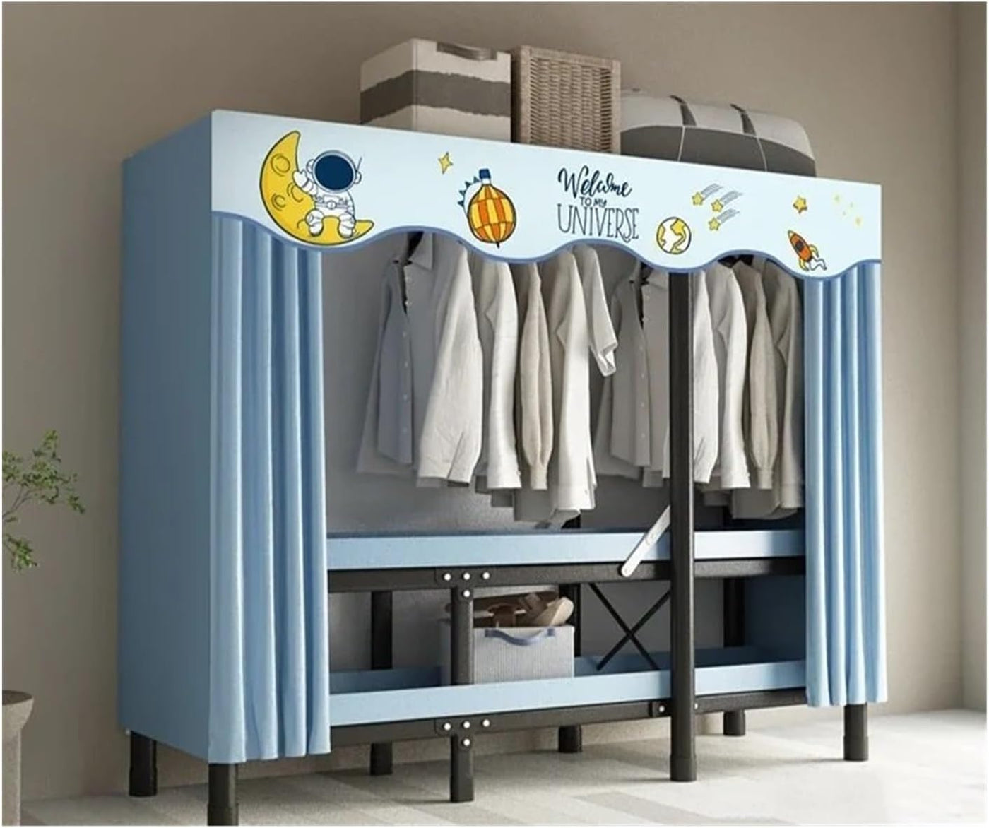 Foldable Wardrobe With Oxford Cloth Curtain And Steel Frame Storage