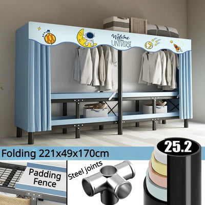 Foldable Wardrobe With Oxford Cloth Curtain And Steel Frame Storage