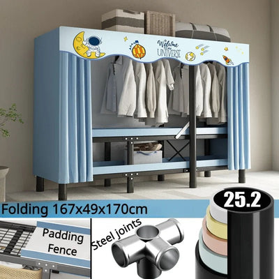 Foldable Wardrobe With Oxford Cloth Curtain And Steel Frame Storage