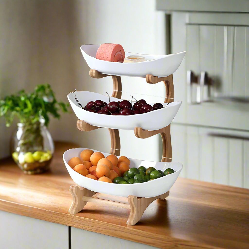 Fruit & Snack Layer Serving Tray Wooden Holder For Candy And Treats