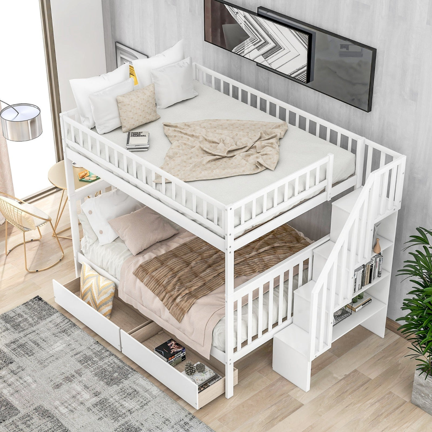 Full-over-Full Bunk Bed With Two Spacious Drawers And Storage