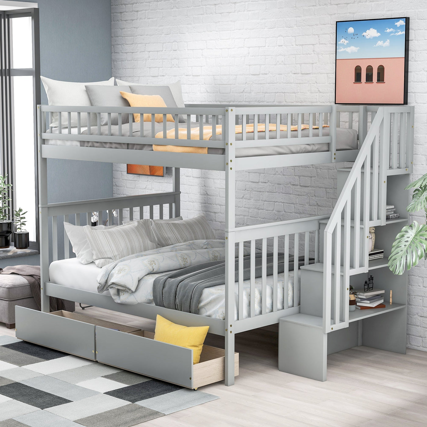 Full-over-Full Bunk Bed With Two Spacious Drawers And Storage