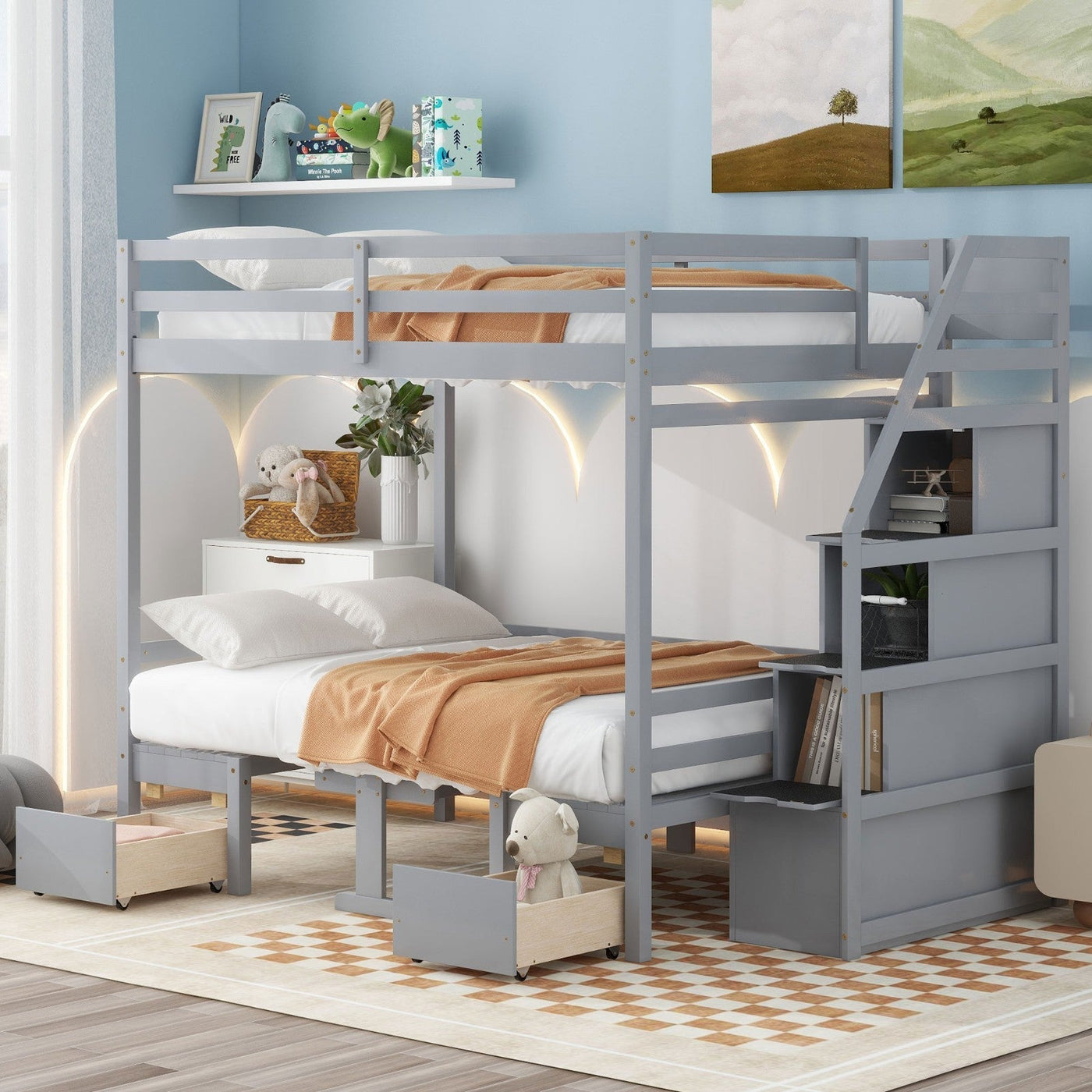 Full Over Full Bunk Bed With Staircase Convertible Down Bed Seats Table