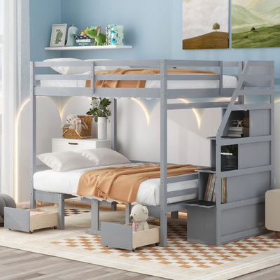 Full Over Full Bunk Bed With Staircase Convertible Down Bed Seats Table